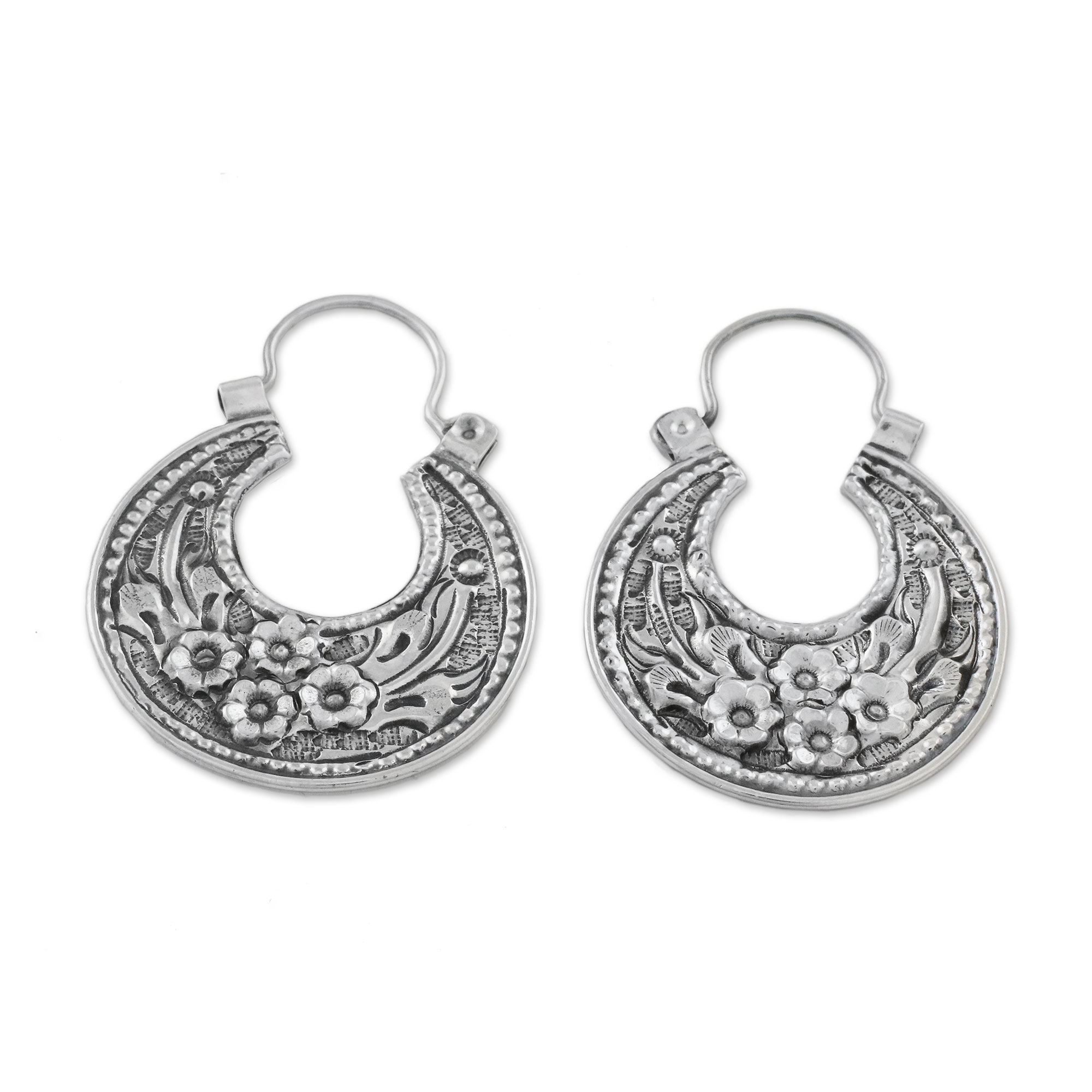 Floral Sterling Silver Hoop Earrings from Thailand - Lanna Flower | NOVICA