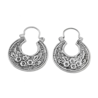 Sterling silver hoop earrings, 'Lanna Flower' - Floral Sterling Silver Hoop Earrings from Thailand