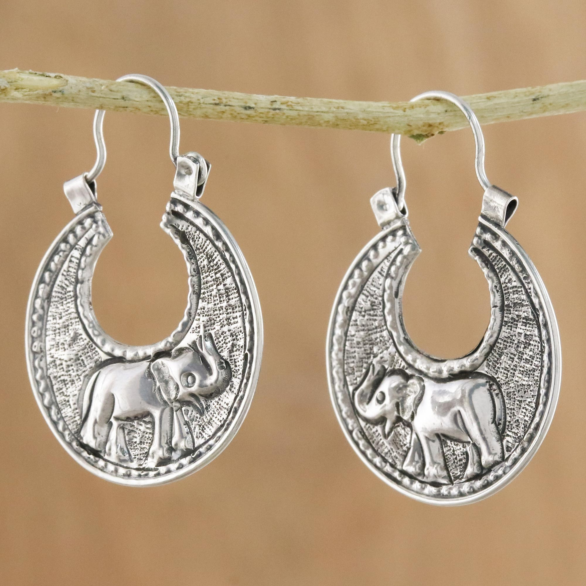 Sterling Silver Elephant Hoop Earrings from Thailand, 'Elephant Magic'