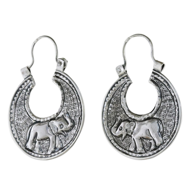 Sterling silver hoop earrings, 'Elephant Magic' - Sterling Silver Elephant Hoop Earrings from Thailand