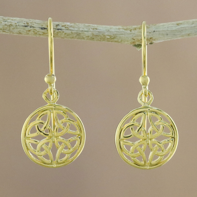 Gold plated sterling silver dangle earrings, 'Interconnected in Gold' - Gold Plated Sterling Silver Labyrinth Circle Dangle Earrings