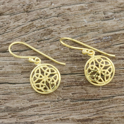 Gold plated sterling silver dangle earrings, 'Interconnected in Gold' - Gold Plated Sterling Silver Labyrinth Circle Dangle Earrings