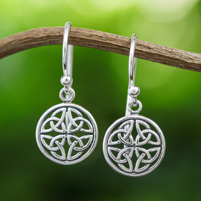 Sterling silver dangle earrings, 'Interconnected in Silver' - Handcrafted Sterling Silver Labyrinth Circle Dangle Earrings