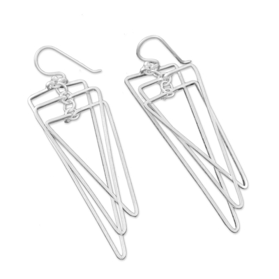Sterling silver dangle earrings, 'Matte Triangles' - Modern Triangular Sterling Silver Dangle Earrings