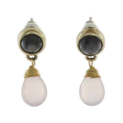 Gold plated smoky quartz and chalcedony dangle earrings, 'Beauty in Contrasts' - Smoky Quartz and Chalcedony in Brass Dangle Earrings