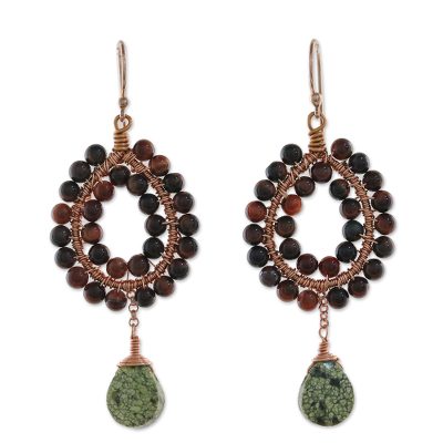 Rose gold accented jasper and tiger's eye beaded dangle earrings, 'Wonderful Drops' - Jasper and Tiger's Eye Beaded Dangle Earrings from Thailand