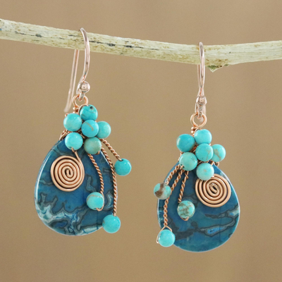 Agate beaded dangle earrings, 'Ocean Dance' - Agate and Calcite Beaded Dangle Earrings from Thailand