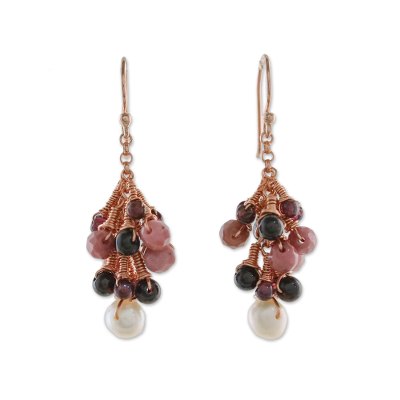 Rose gold accented multi-gemstone dangle earrings, 'Delightful Cluster' - Multi-Gemstone Dangle Earrings Crafted in Thailand