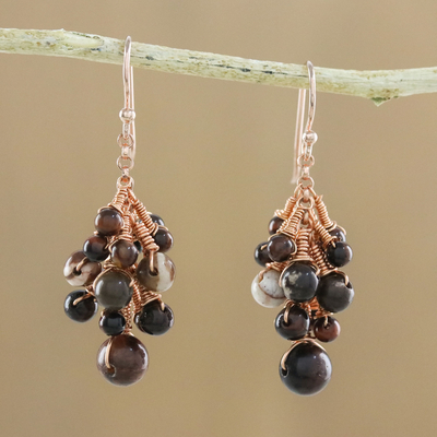 Rose gold accented tiger's eye and jasper dangle earrings, 'Delightful Cluster' - Tiger's Eye and Jasper Dangle Earrings from Thailand