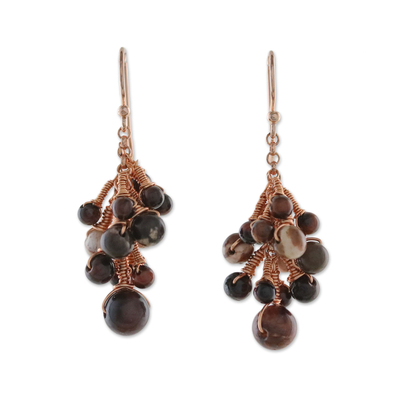 Rose gold accented tiger's eye and jasper dangle earrings, 'Delightful Cluster' - Tiger's Eye and Jasper Dangle Earrings from Thailand