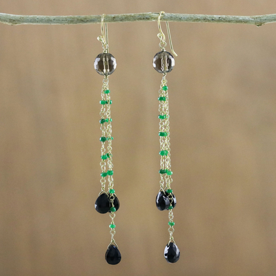 Gold accented multi-gemstone dangle earrings, 'Dark Forest Rain' - Artisan Crafted Gold Accented Multi-Gem Earrings