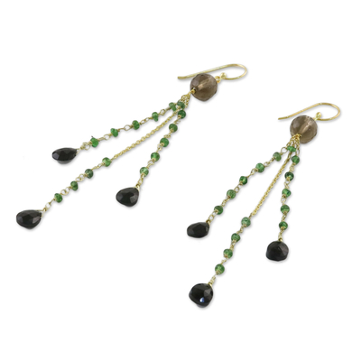 Gold accented multi-gemstone dangle earrings, 'Dark Forest Rain' - Artisan Crafted Gold Accented Multi-Gem Earrings