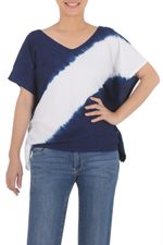 Tie-dyed cotton blouse, 'Soar' - Indigo Diagonal Stripe Tie-Dye Short Sleeve Cotton Blouse
