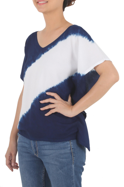 Blusa de algodón teñida con lazo - Blusa de algodón de manga corta tie-dye con rayas diagonales índigo