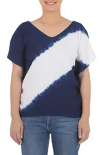 Tie-dyed cotton blouse, 'Soar' - Indigo Diagonal Stripe Tie-Dye Short Sleeve Cotton Blouse