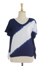 Tie-dyed cotton blouse, 'Soar' - Indigo Diagonal Stripe Tie-Dye Short Sleeve Cotton Blouse