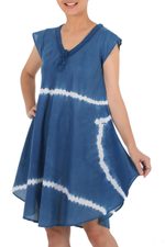 Tie-dyed cotton short sleeve dress, 'Sprite' - Denim Blue White Stripe Tie-Dye Cap Sleeve Cotton Dress
