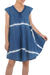 Kurzärmliges Kleid aus Batik-Baumwolle, „Sprite“ – Denimblau-weiß gestreiftes Batik-Baumwollkleid mit Flügelärmeln