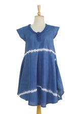 Tie-dyed cotton short sleeve dress, 'Sprite' - Denim Blue White Stripe Tie-Dye Cap Sleeve Cotton Dress