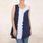 Tie-dyed cotton tunic, 'Flowing' - Indigo White Vertical Stripe Tie-Dye Sleeveless Cotton Tunic