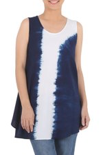 Tie-dyed cotton tunic, 'Flowing' - Indigo White Vertical Stripe Tie-Dye Sleeveless Cotton Tunic