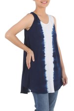 Tie-dyed cotton tunic, 'Flowing' - Indigo White Vertical Stripe Tie-Dye Sleeveless Cotton Tunic