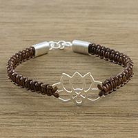 Sterling silver and leather pendant bracelet, 'Lotus Strength in Brown' - Sterling Silver Lotus Pendant Brown Leather Bracelet