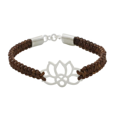 Sterling silver and leather pendant bracelet, 'Lotus Strength in Brown' - Sterling Silver Lotus Pendant Brown Leather Bracelet