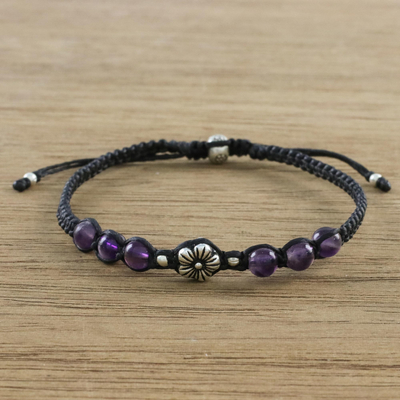 Amethyst beaded bracelet, 'Calm and Tranquil' - Floral Amethyst and Karen Silver Beaded Bracelet