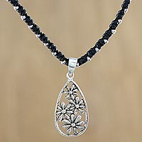 Silver beaded pendant necklace, 'Floral Hill Tribe Drop' - Floral Hill Tribe Silver Pendant Necklace from Thailand