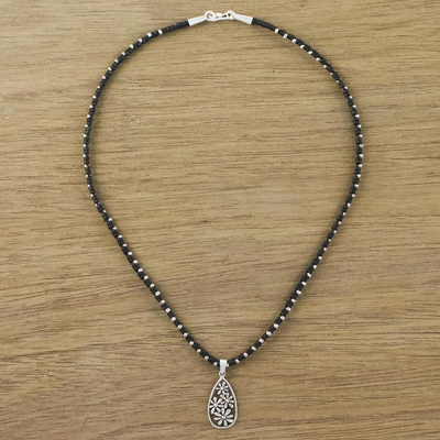 Silver beaded pendant necklace, 'Floral Hill Tribe Drop' - Floral Hill Tribe Silver Pendant Necklace from Thailand