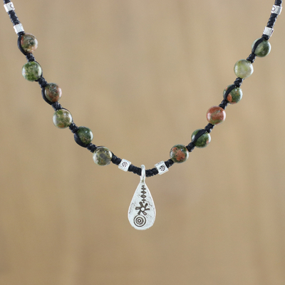 Unakite beaded pendant necklace, 'Unakite Destiny' - Unakite Beaded Pendant Necklace with Hill Tribe Silver