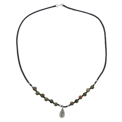 Unakite beaded pendant necklace, 'Unakite Destiny' - Unakite Beaded Pendant Necklace with Hill Tribe Silver