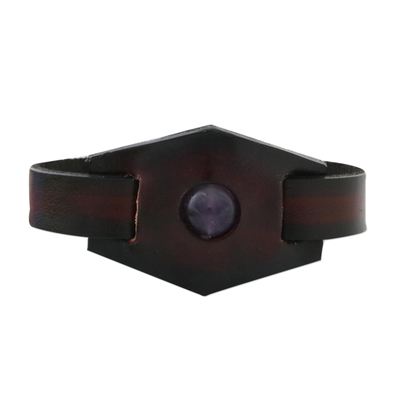 Amethyst and leather pendant bracelet, 'Amethyst Focus' - Amethyst and Leather Wristband Bracelet from Thailand
