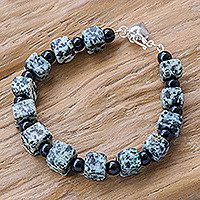 Jasper and onyx beaded bracelet, 'Dalmatian Squares' - Jasper and Onyx Beaded Bracelet from Thailand