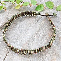 Unakite beaded choker necklace, 'Boho Gala' - Unakite Beaded Choker Necklace from Thailand