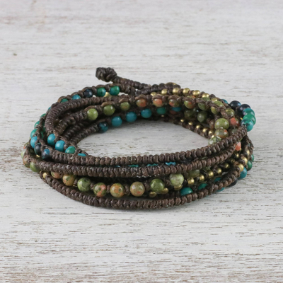 Serpentine and unakite beaded wrap bracelet, 'Voice of the Forest' - Serpentine and Unakite Beaded Wrap Bracelet