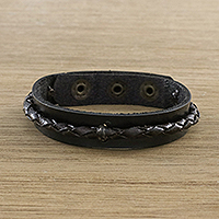 Leather wristband bracelet, 'Tenacious Nature in Dark Brown'