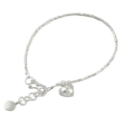 Silver beaded bracelet, 'My Little Heart' - Karen Silver Beaded Heart Bracelet from Thailand