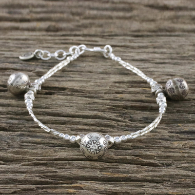 Silver beaded charm bracelet, 'Hill Tribe Melody' - Karen Silver Beaded Bell Charm Bracelet from Thailand