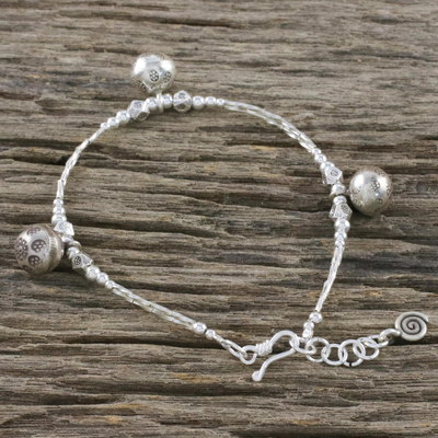 Silver beaded charm bracelet, 'Hill Tribe Melody' - Karen Silver Beaded Bell Charm Bracelet from Thailand