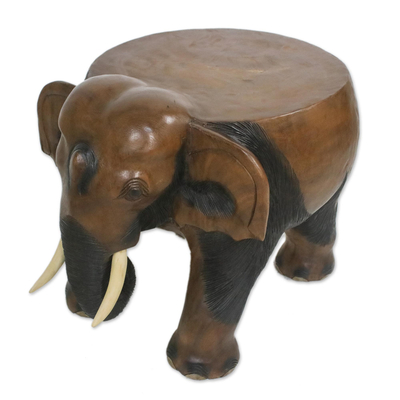 Wood stool, 'Elephant Relaxation in Brown' (15 inch) - Wood Elephant Stool in Brown from Thailand (15 Inch)