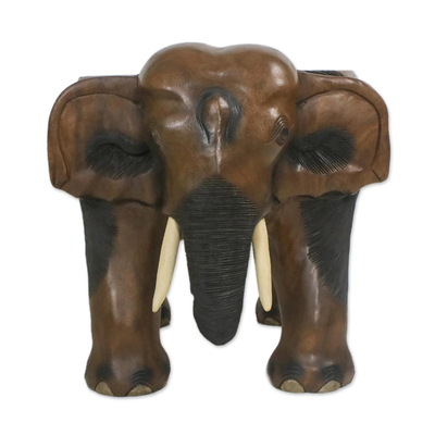 Wood stool, 'Elephant Relaxation in Brown' (15 inch) - Wood Elephant Stool in Brown from Thailand (15 Inch)