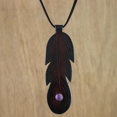 Amethyst and leather pendant necklace, 'Feather Spirit' - Brown Leather Feather Pendant Necklace with Amethyst