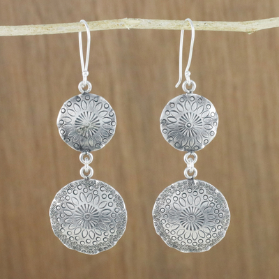 Silver dangle earrings, 'Floral Globes' - 950 Silver Floral Stamped Hill Tribe Dangle Earrings