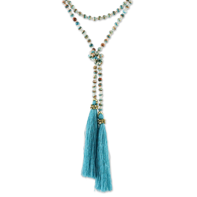 Glass beaded lariat necklace, 'Festive Holiday in Blue-Green' - Colorful Glass Beaded Lariat Necklace from Thailand