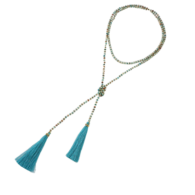 Glass beaded lariat necklace, 'Festive Holiday in Blue-Green' - Colorful Glass Beaded Lariat Necklace from Thailand