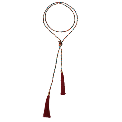 Glass beaded lariat necklace, 'Festive Holiday in Red' - Multicolored Glass Beaded Lariat Necklace from Thailand