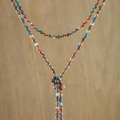Glass beaded lariat necklace, 'Festive Holiday in Red' - Multicolored Glass Beaded Lariat Necklace from Thailand