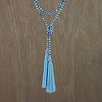 Glass beaded lariat necklace, 'Festive Holiday in Blue' - Glass Beaded Lariat Necklace in Blue from Thailand